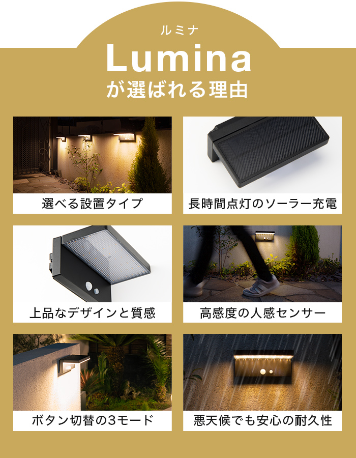 人感センサー ライト 屋外 ソーラー Lumina（ルミナ）365日保証