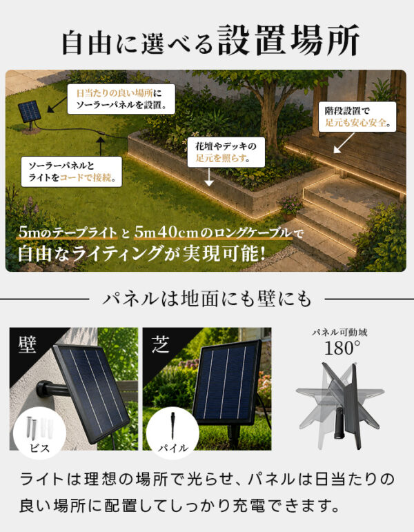 【予約商品　11月下旬より順次出荷予定】LEDテープライト 屋外 ソーラー 5m リノーラ【180日保証】